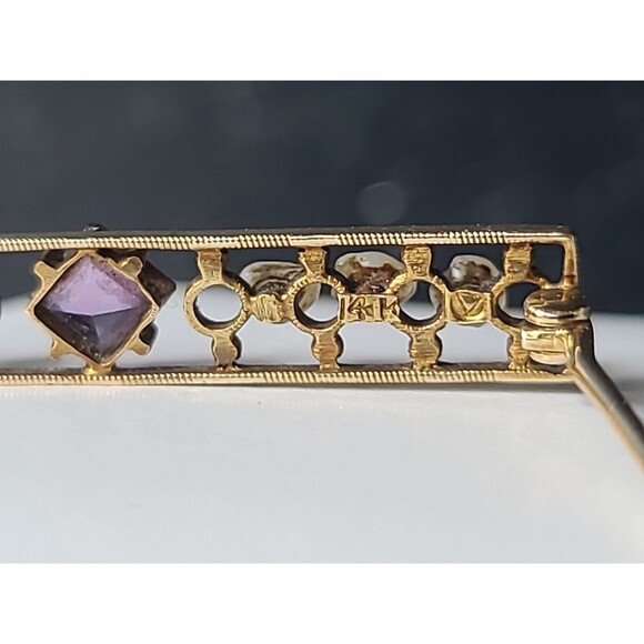 Antique 14K Yellow Gold Amethyst & Natural Pearl Bar Brooch - Picture 5 of 10